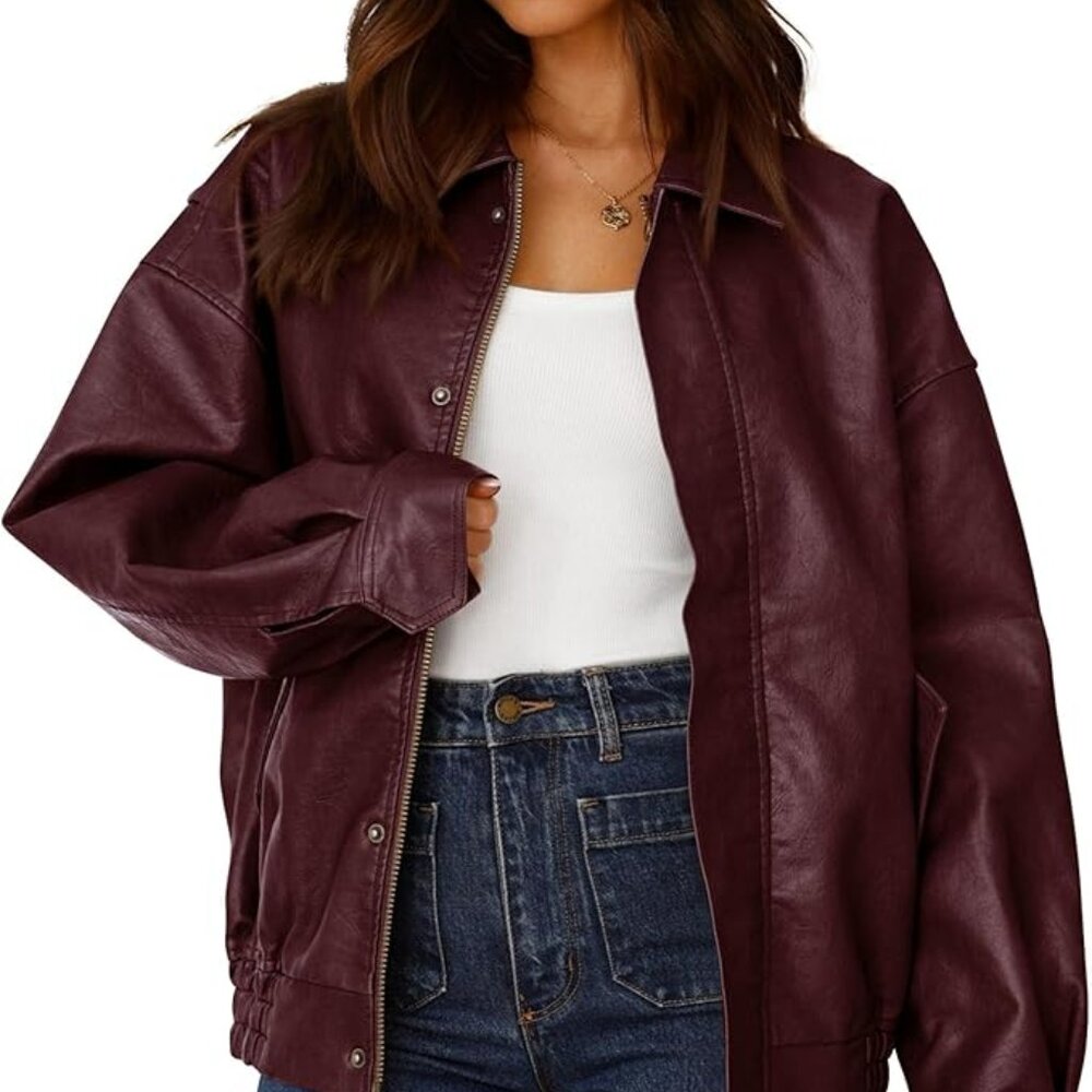 Amazon PrettyGarden Burgundy Faux Leather Oversized Jacket